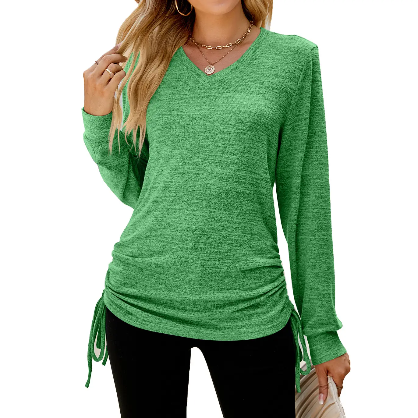 Women Long Sleeve V Neck Pleated T-Shirt Brown - Image 3