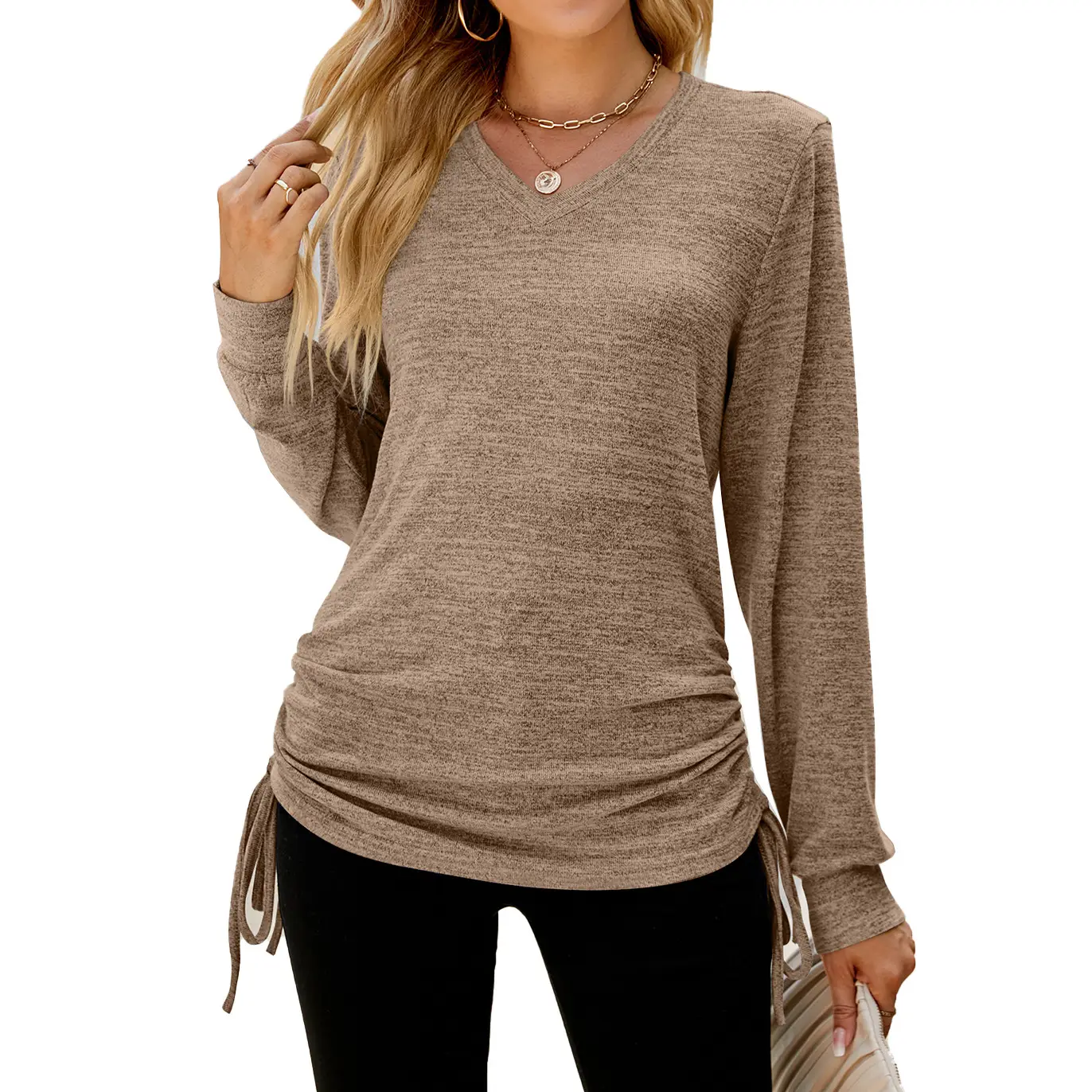 Women Long Sleeve V Neck Pleated T-Shirt Brown - Image 6