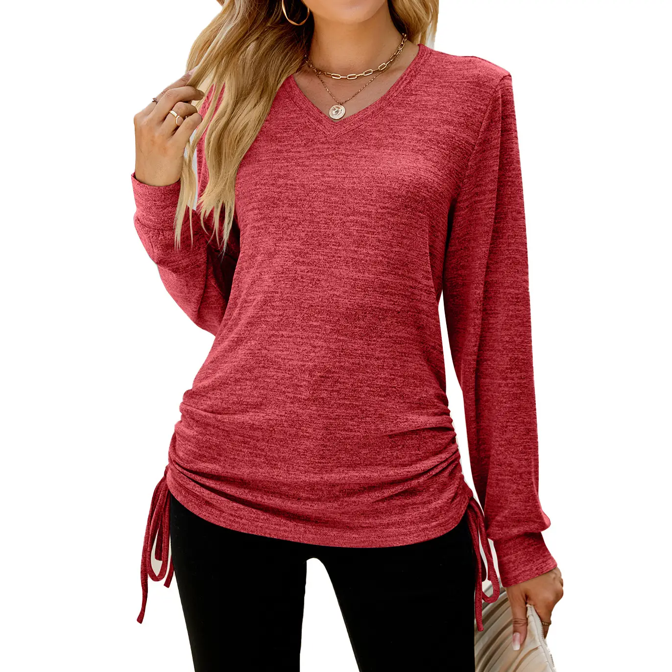 Women Long Sleeve V Neck Pleated T-Shirt Brown - Image 2