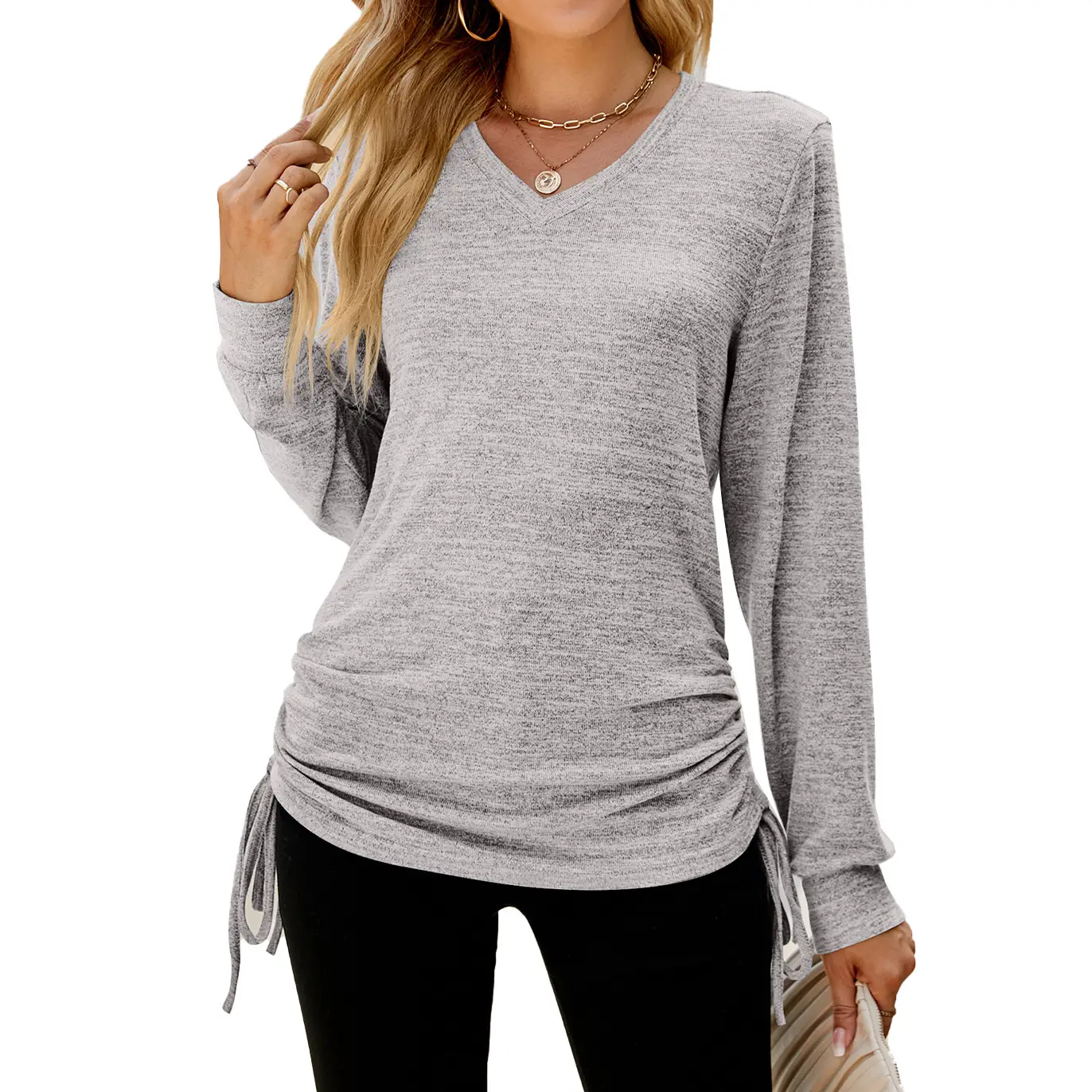 Women Long Sleeve V Neck Pleated T-Shirt Brown - Image 5