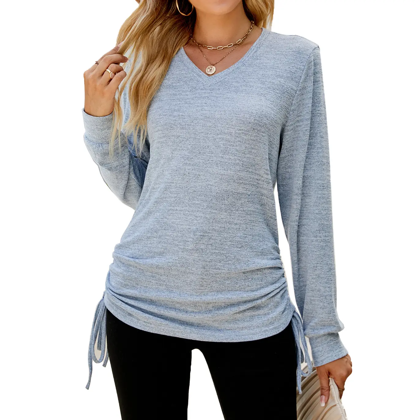 Women Long Sleeve V Neck Pleated T-Shirt Brown - Image 7