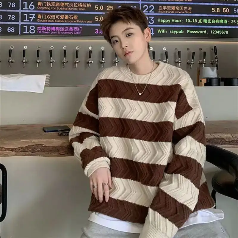 Men Striped Knit Crew Sweater Spring Autumn Winter Loose Oversize - Image 4