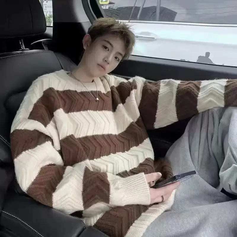Men Striped Knit Crew Sweater Spring Autumn Winter Loose Oversize - Image 5