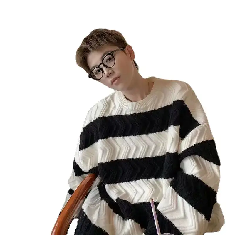 Men Striped Knit Crew Sweater Spring Autumn Winter Loose Oversize - Image 6
