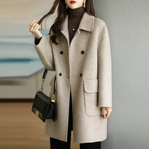 Women Literary Woolen Coat Black Mid-Length 2023