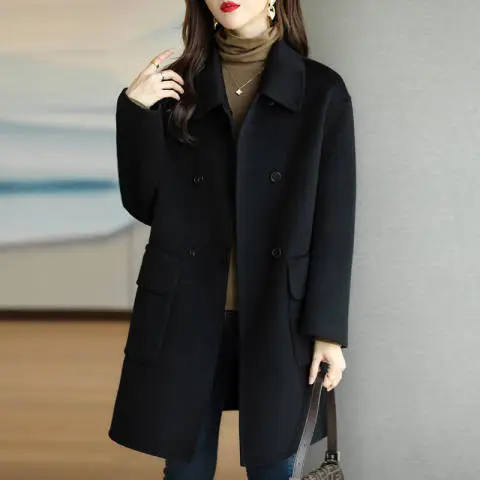 Women Literary Woolen Coat Black Mid-Length 2023 - Image 2