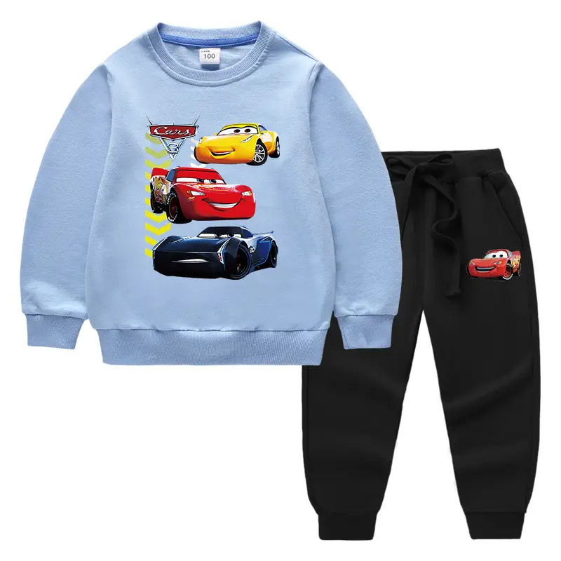 Kids Cars Print Cotton Sweatshirt Trousers Set Light Blue Black - Image 7