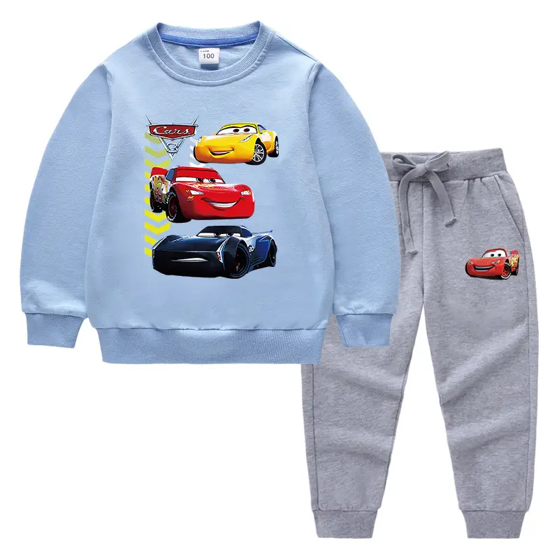Kids Cars Print Cotton Sweatshirt Trousers Set Light Blue Black - Image 8
