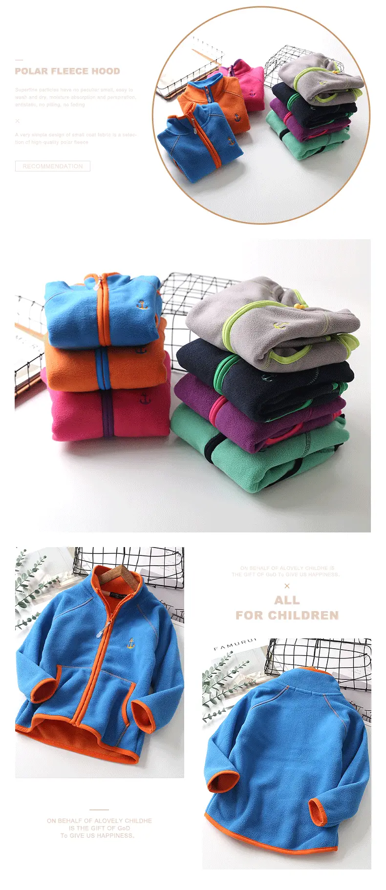 Kids Polar Fleece Jacket Navy Green Zipper Thickened — feature 3