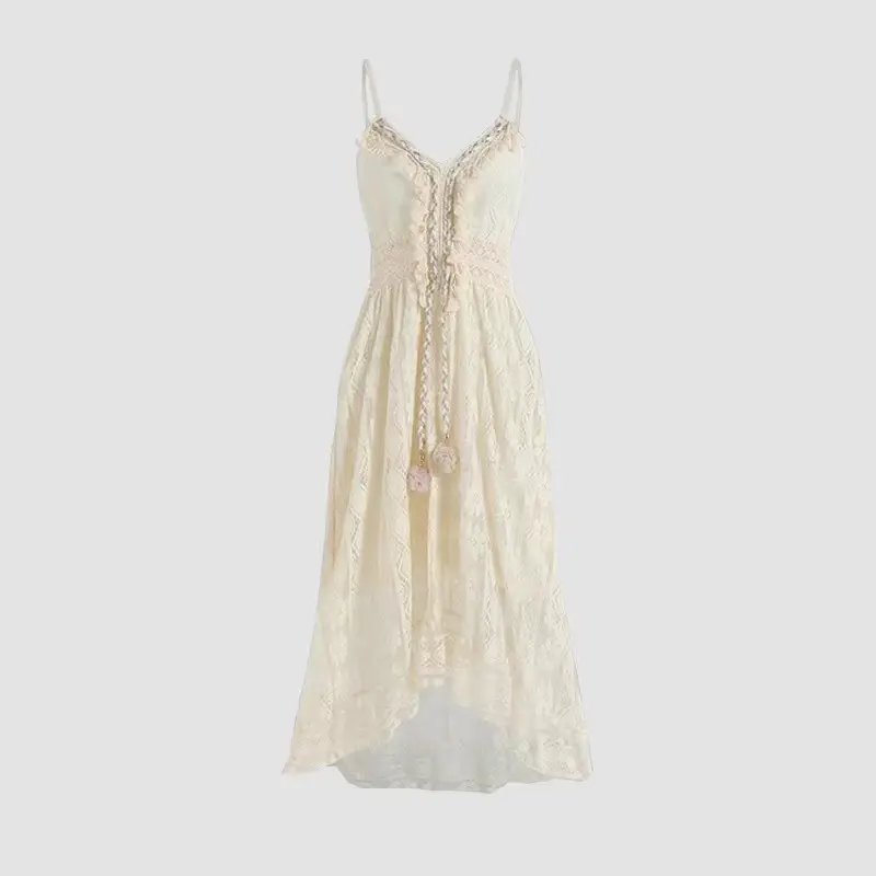 2025 Summer New European and American Style Lace Strap Maxi Solid Color Dress - Image 6