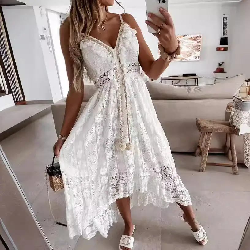 2025 Summer New European and American Style Lace Strap Maxi Solid Color Dress - Image 7