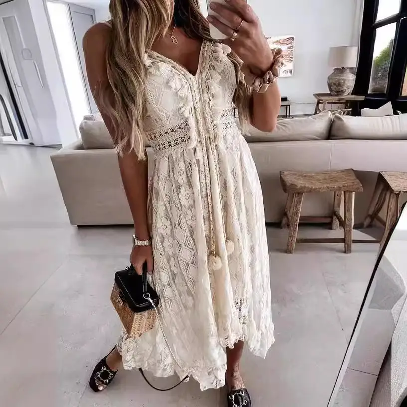2025 Summer New European and American Style Lace Strap Maxi Solid Color Dress - Image 8