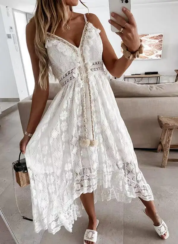 2025 Summer New European and American Style Lace Strap Maxi Solid Color Dress — feature 12
