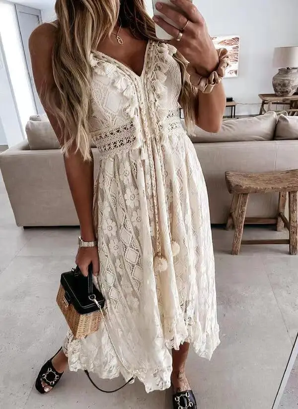 2025 Summer New European and American Style Lace Strap Maxi Solid Color Dress — feature 13