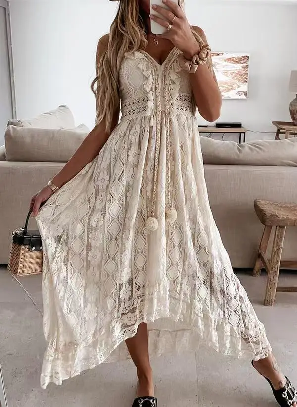 2025 Summer New European and American Style Lace Strap Maxi Solid Color Dress — feature 14