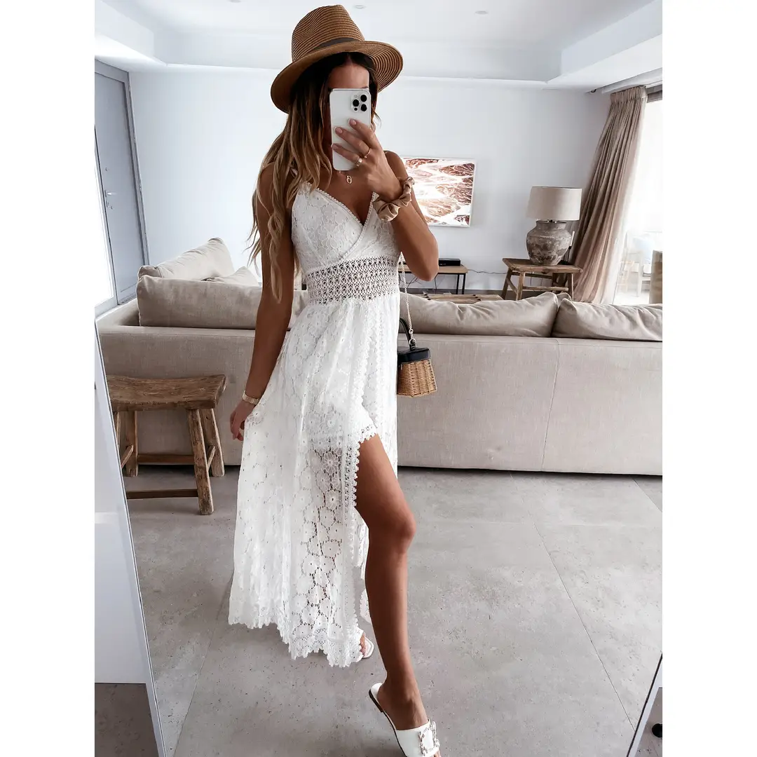 2025 Summer New European and American Style Lace Strap Maxi Solid Color Dress — feature 19