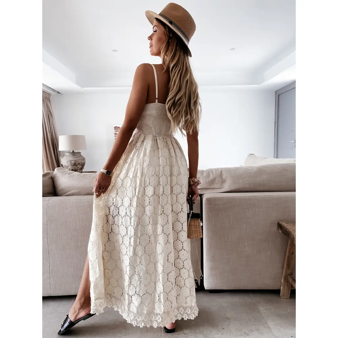 2025 Summer New European and American Style Lace Strap Maxi Solid Color Dress — feature 20