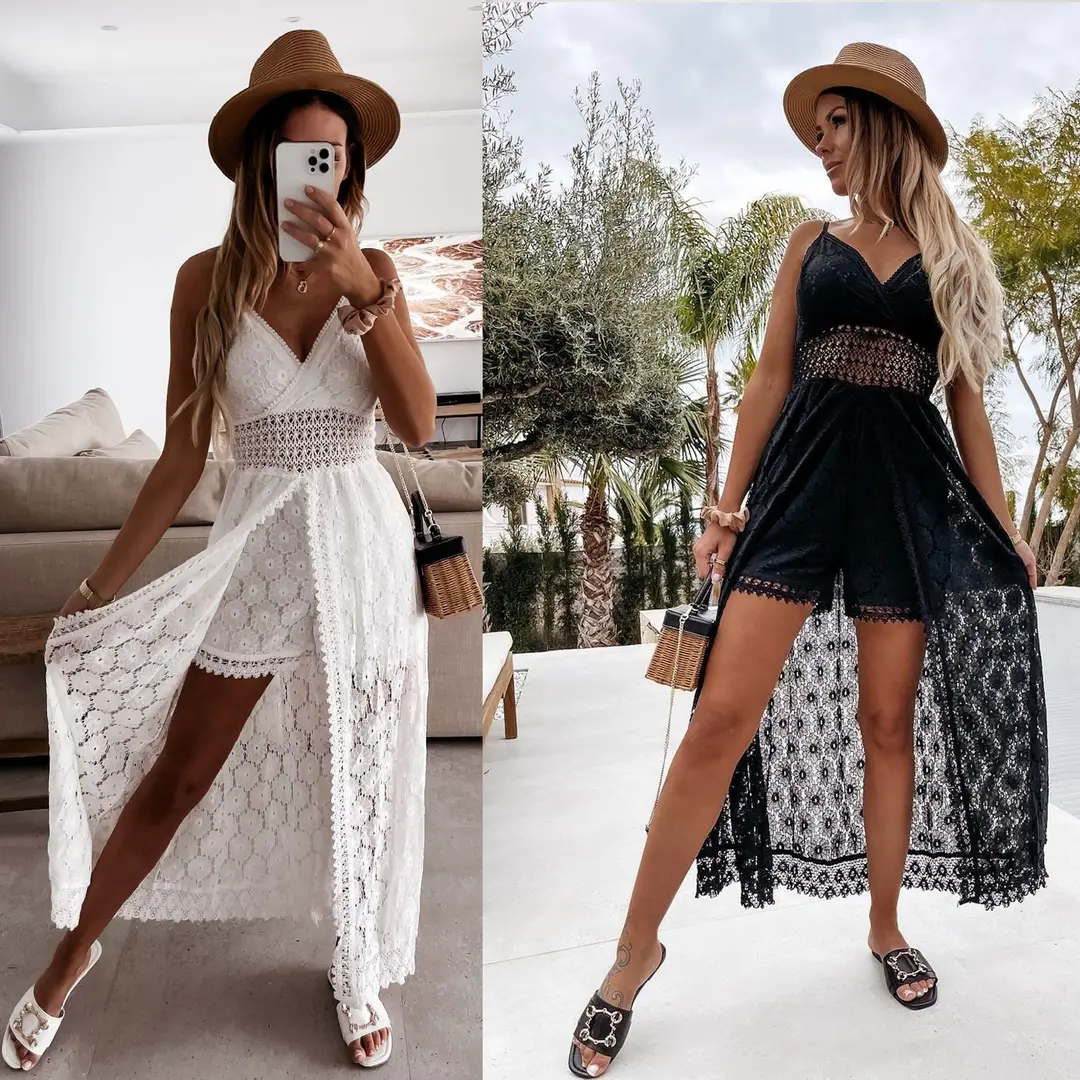 2025 Summer New European and American Style Lace Strap Maxi Solid Color Dress — feature 21