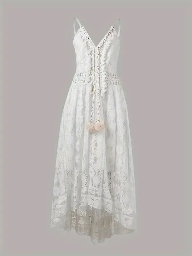 2025 Summer New European and American Style Lace Strap Maxi Solid Color Dress — feature 7
