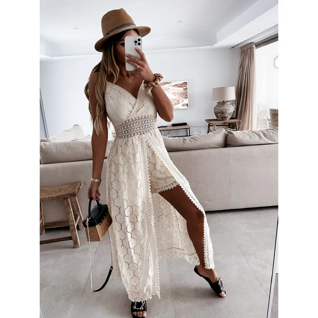 2025 Summer New European and American Style Lace Strap Maxi Solid Color Dress - Image 3