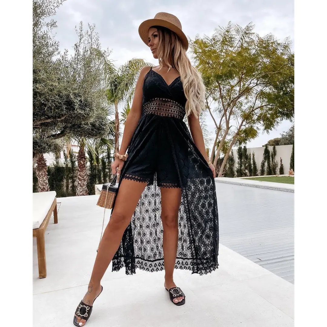 2025 Summer New European and American Style Lace Strap Maxi Solid Color Dress - Image 4