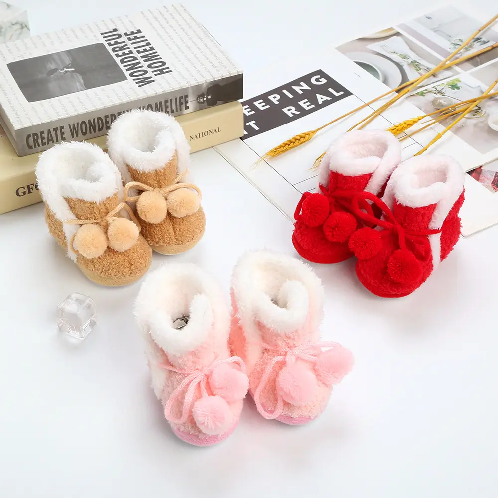 Red Fleece Ball Baby Shoes for 0-1 Years Old