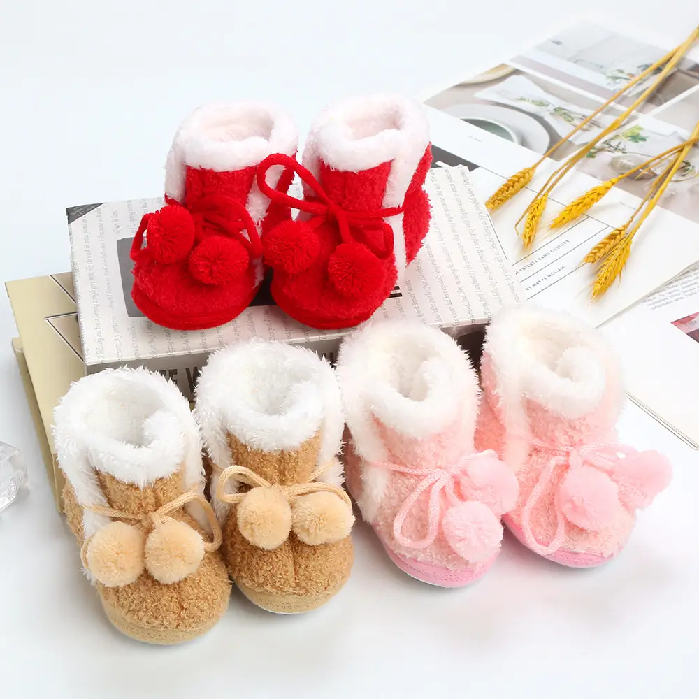 Red Fleece Ball Baby Shoes for 0-1 Years Old