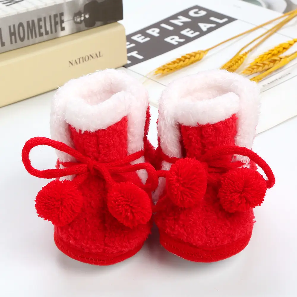 Red Fleece Ball Baby Shoes for 0-1 Years Old