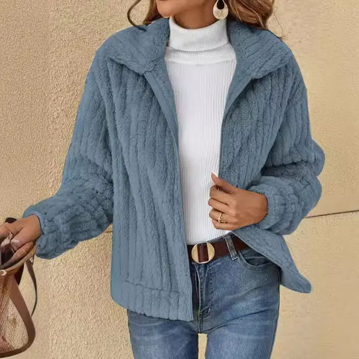 2024 Women's Blue Pit Plush Cardigan Jacket Lapel Short - Image 8