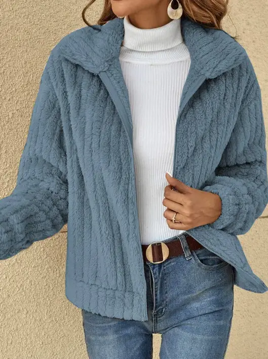 2024 Women's Blue Pit Plush Cardigan Jacket Lapel Short — feature 11