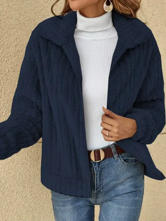 2024 Women's Blue Pit Plush Cardigan Jacket Lapel Short — feature 14