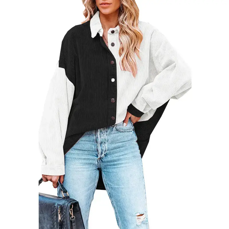Women Off-Shoulder Corduroy Shirt Jacket Pink Blue Jeans - Image 6