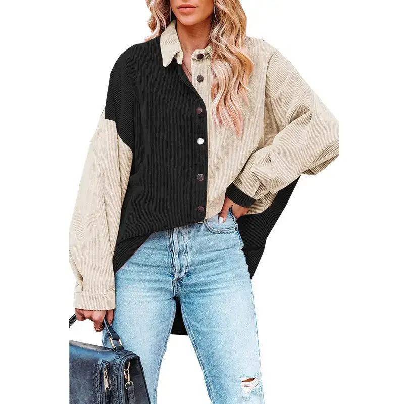 Women Off-Shoulder Corduroy Shirt Jacket Pink Blue Jeans - Image 7