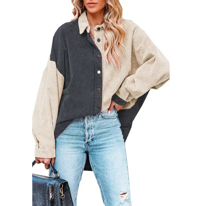 Women Off-Shoulder Corduroy Shirt Jacket Pink Blue Jeans - Image 8