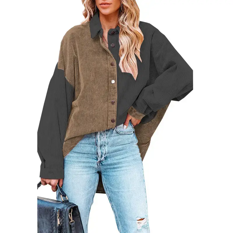 Women Off-Shoulder Corduroy Shirt Jacket Pink Blue Jeans - Image 4