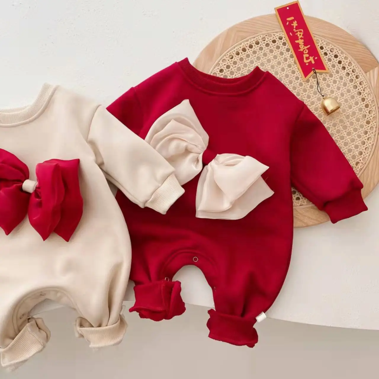 Korean Style Fleece Lined Baby Romper with Bow - Image 4