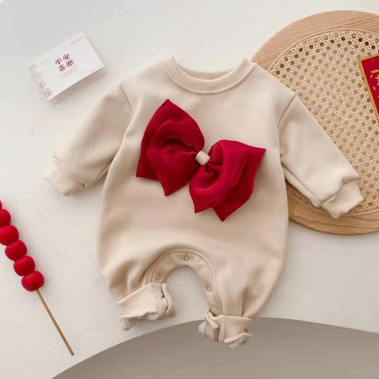 Korean Style Fleece Lined Baby Romper with Bow - Image 2