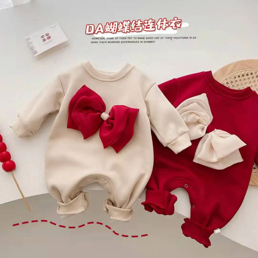 Korean Style Fleece Lined Baby Romper with Bow — feature 1