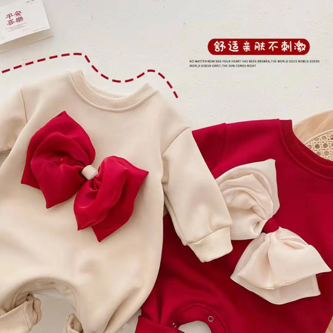 Korean Style Fleece Lined Baby Romper with Bow — feature 8