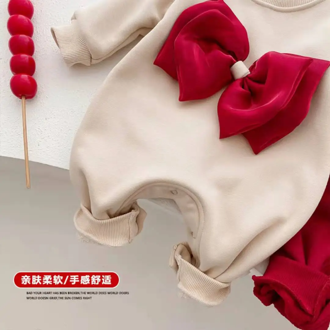 Korean Style Fleece Lined Baby Romper with Bow — feature 9