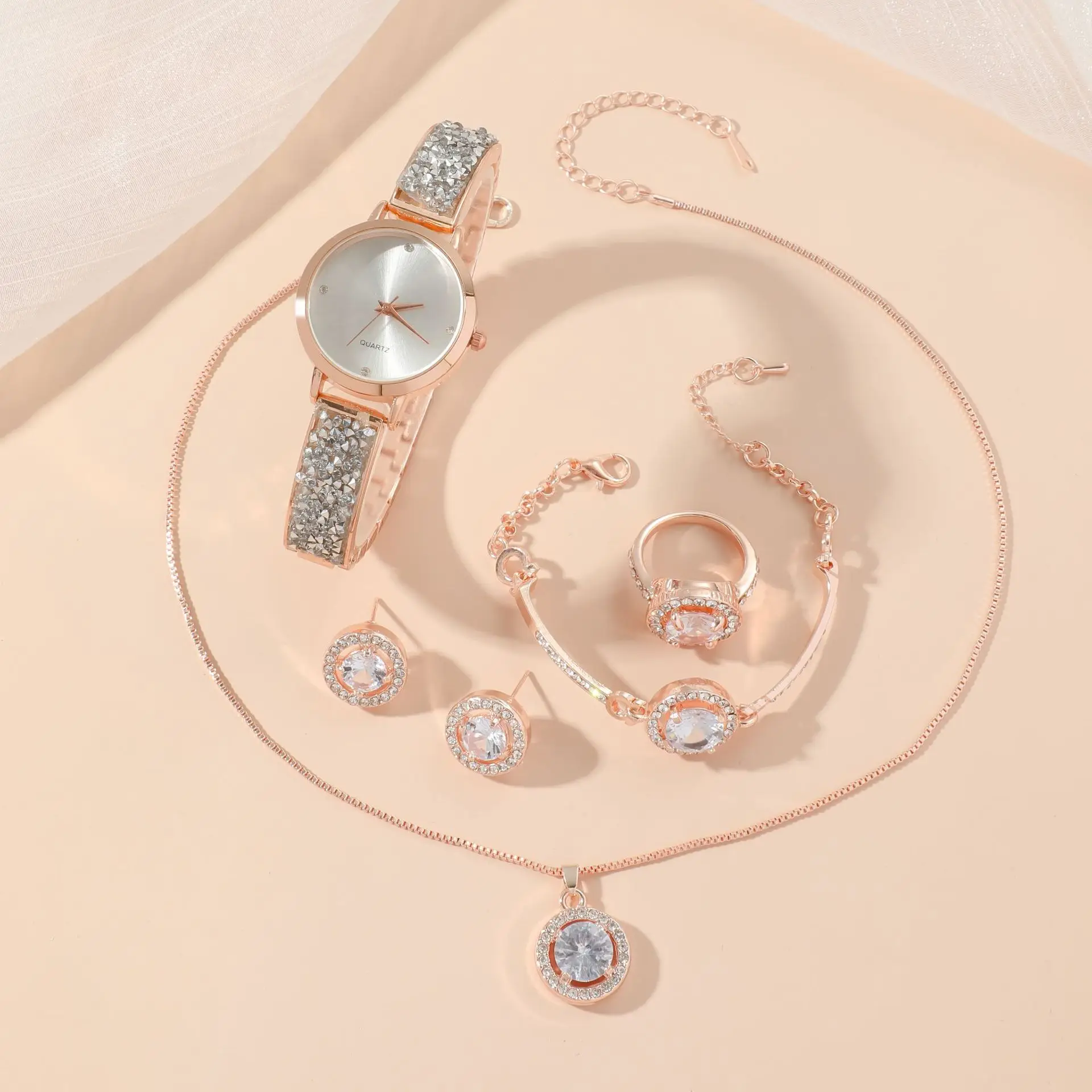 Women's Diamond Star Quartz Watch Set 5pcs
