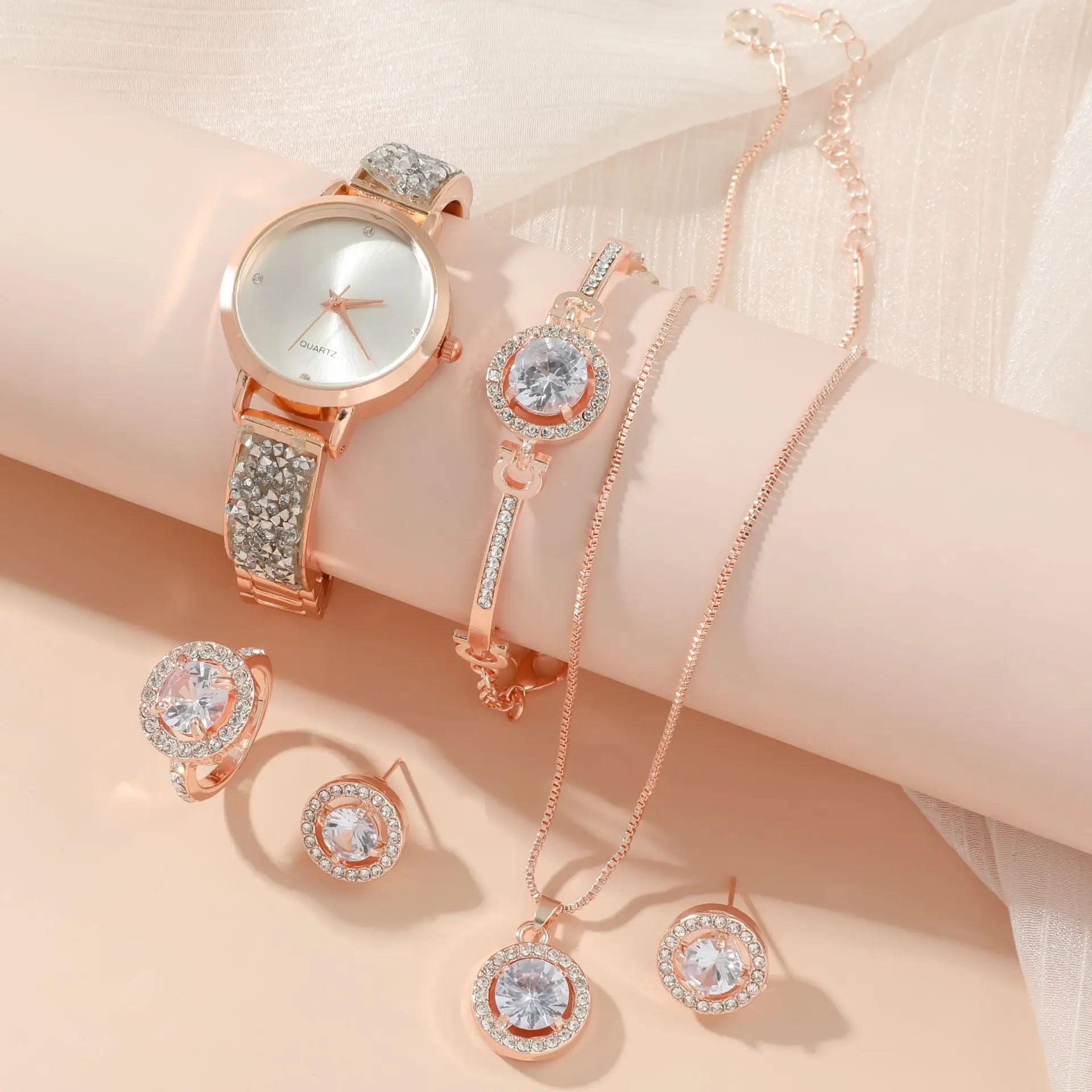 Women's Diamond Star Quartz Watch Set 5pcs