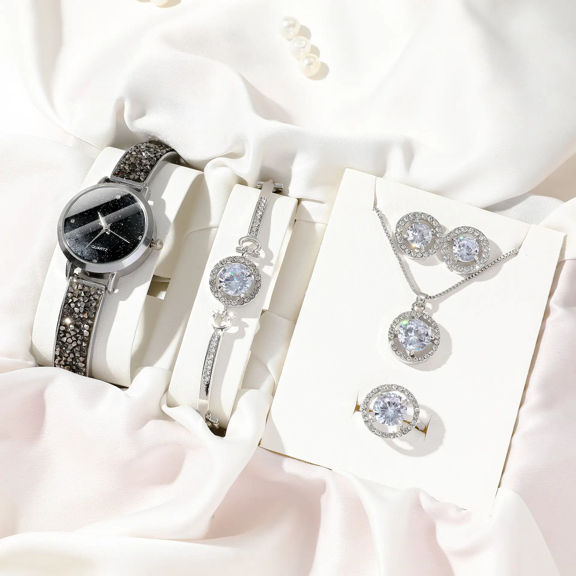Women's Diamond Star Quartz Watch Set 5pcs