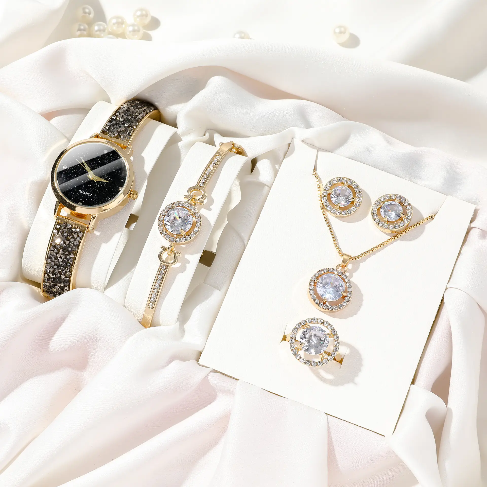 Women's Diamond Star Quartz Watch Set 5pcs