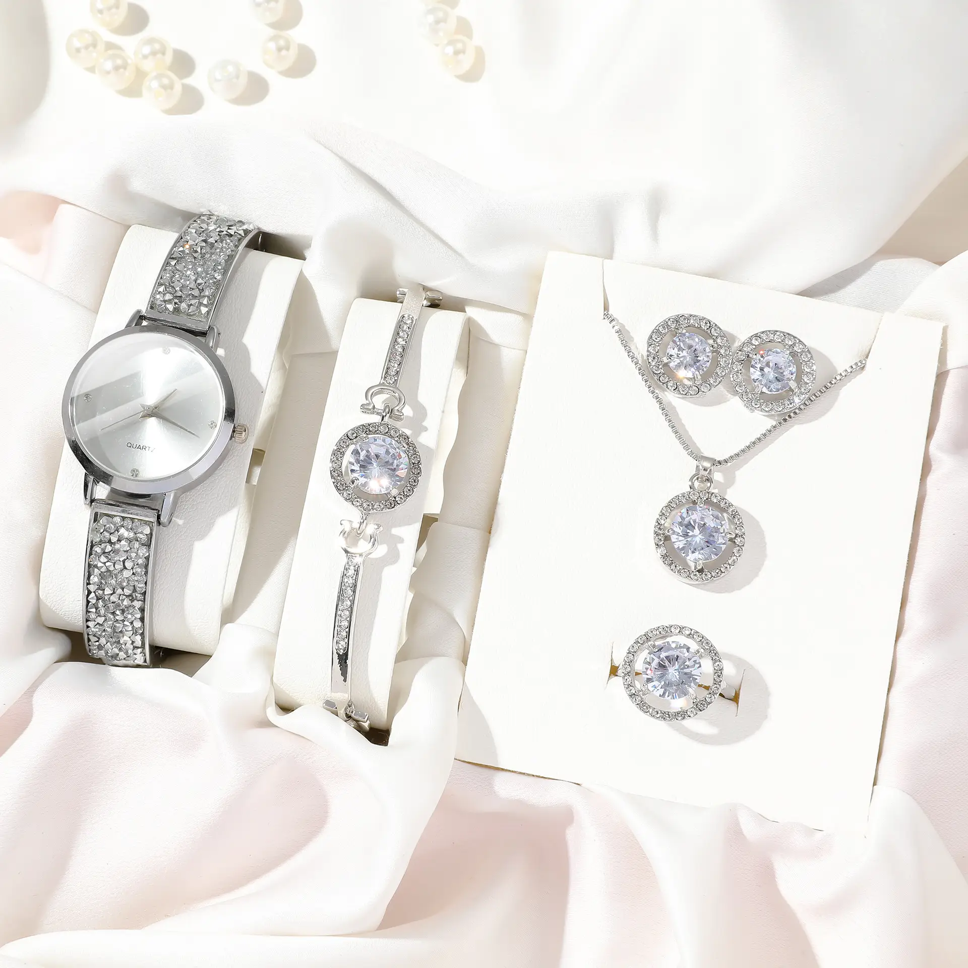 Women's Diamond Star Quartz Watch Set 5pcs