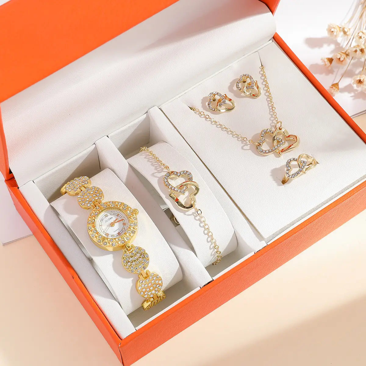 Women's Diamond Star Quartz Watch Set 5pcs