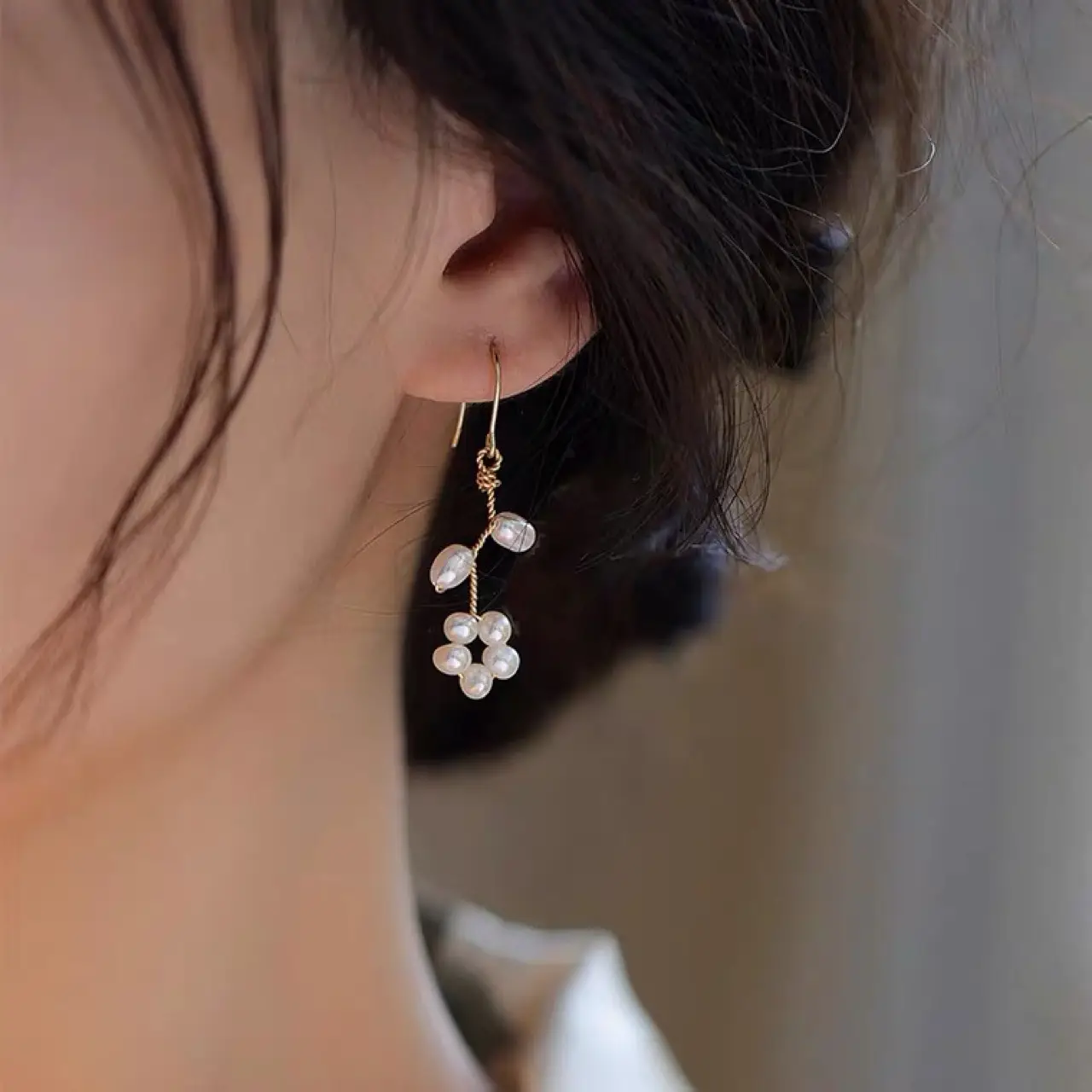 Natural Pearl Earrings with Flower Clip & Ear Clip - Image 3