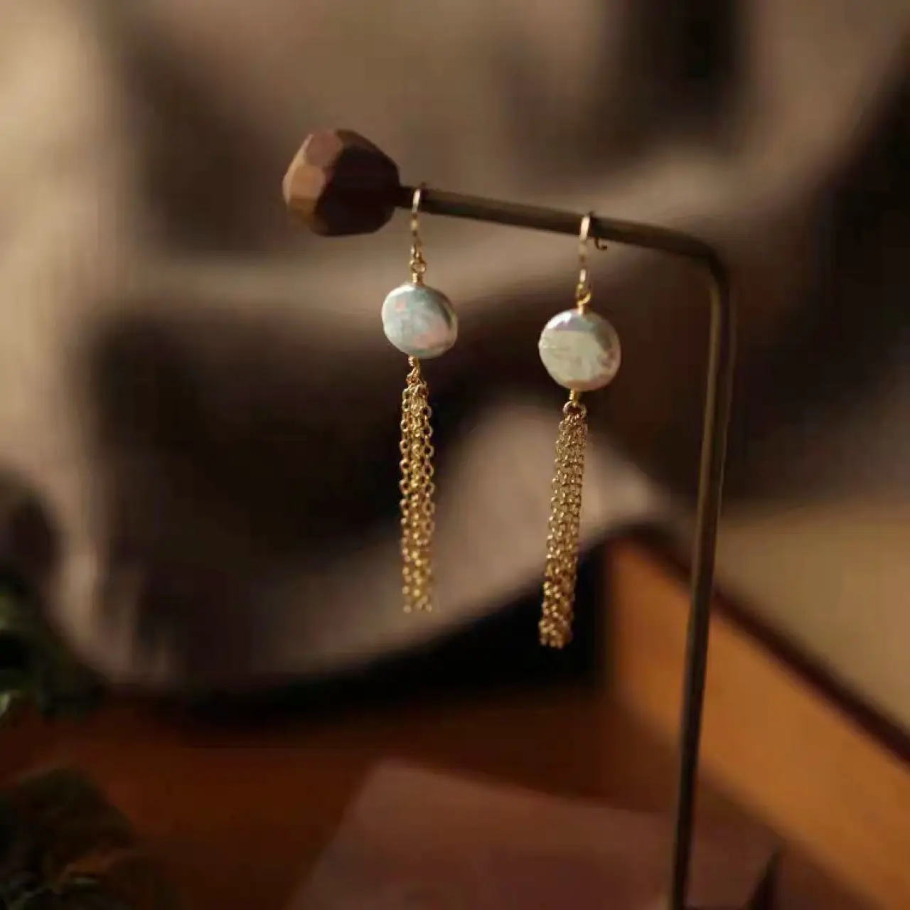 14K Gold Pearl Tassel Earrings for Women - Image 4