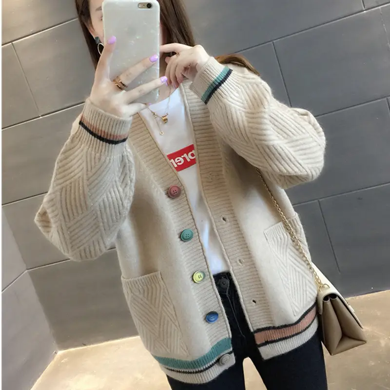 Women's V-Neck Color-Block Knit Cardigan