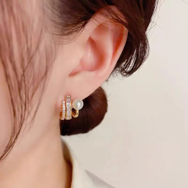 Women's Pearl Earrings Set Gold Plated Round Micro Pearl